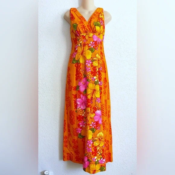 Hawaiian Togs | Dresses | Vintage Barkcloth Orange Hawaiian Floral Maxi  Dress Small Short Sleeve Flowers | Poshmark